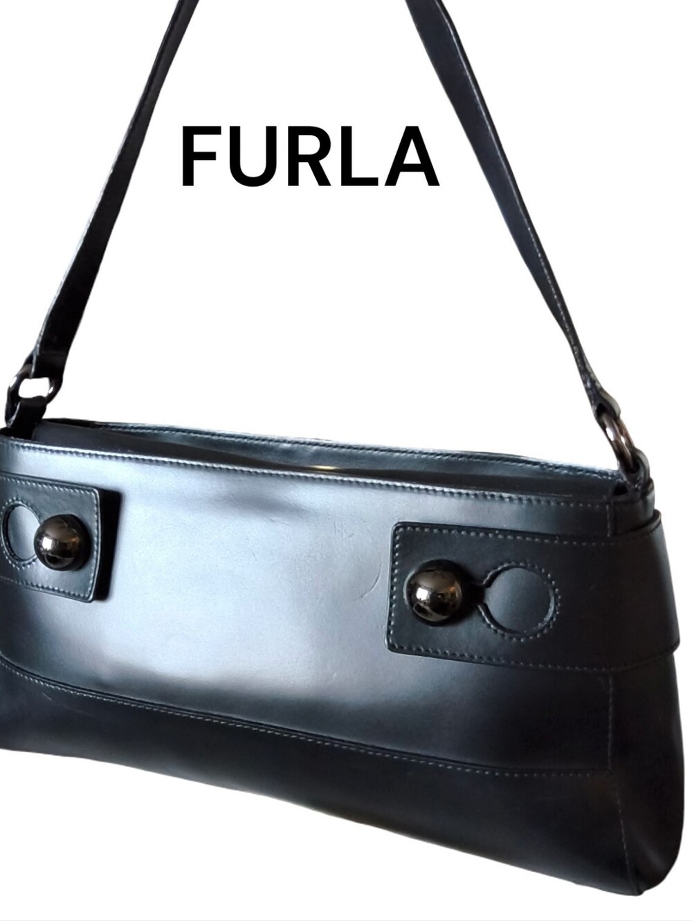Furla Vintage Black Smooth Leather Shoulder Bag Gunmetal Studs Made in Italy Y2K